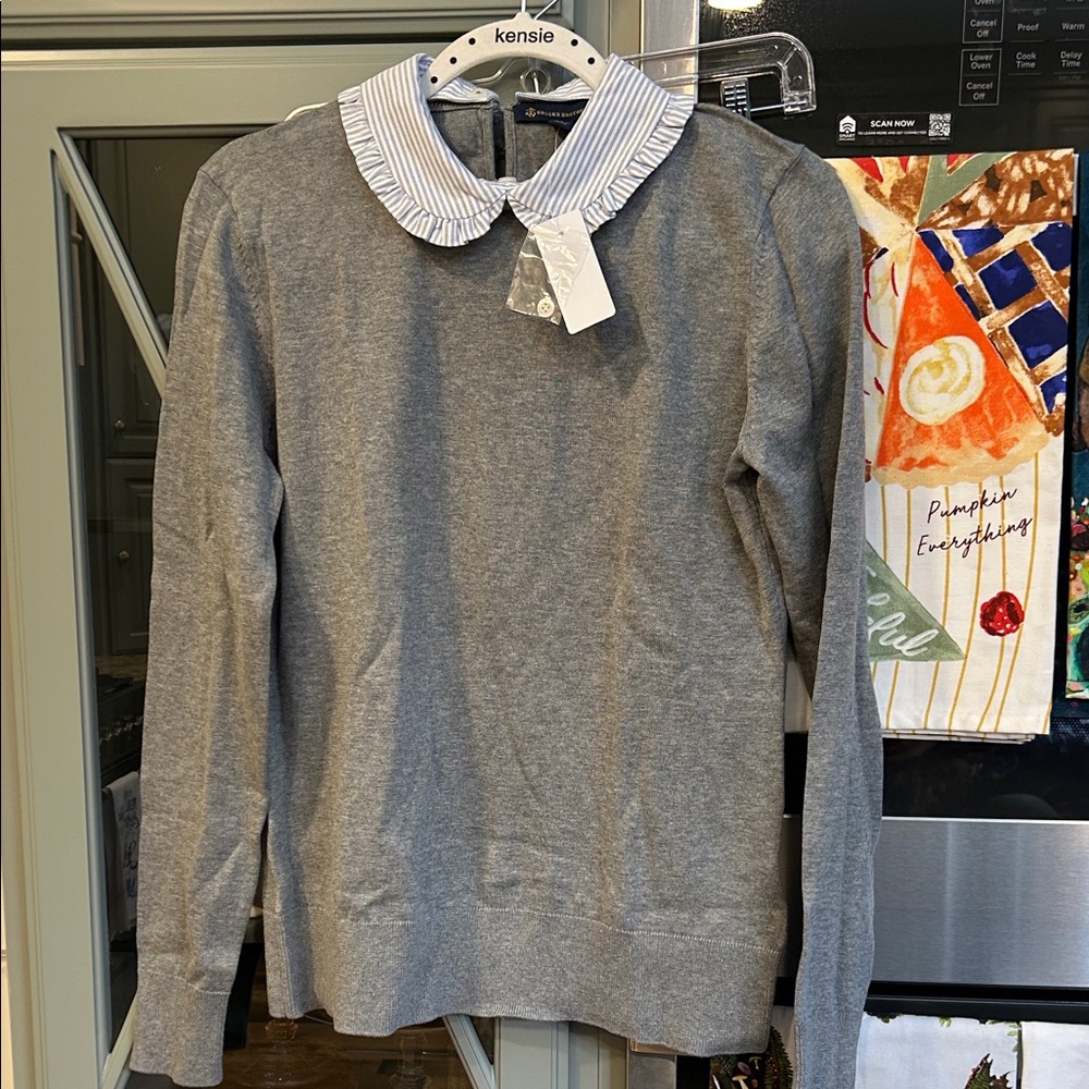 Brooks Brothers Gray Cotton Sweater Striped Peter Pan Collar NWT Small